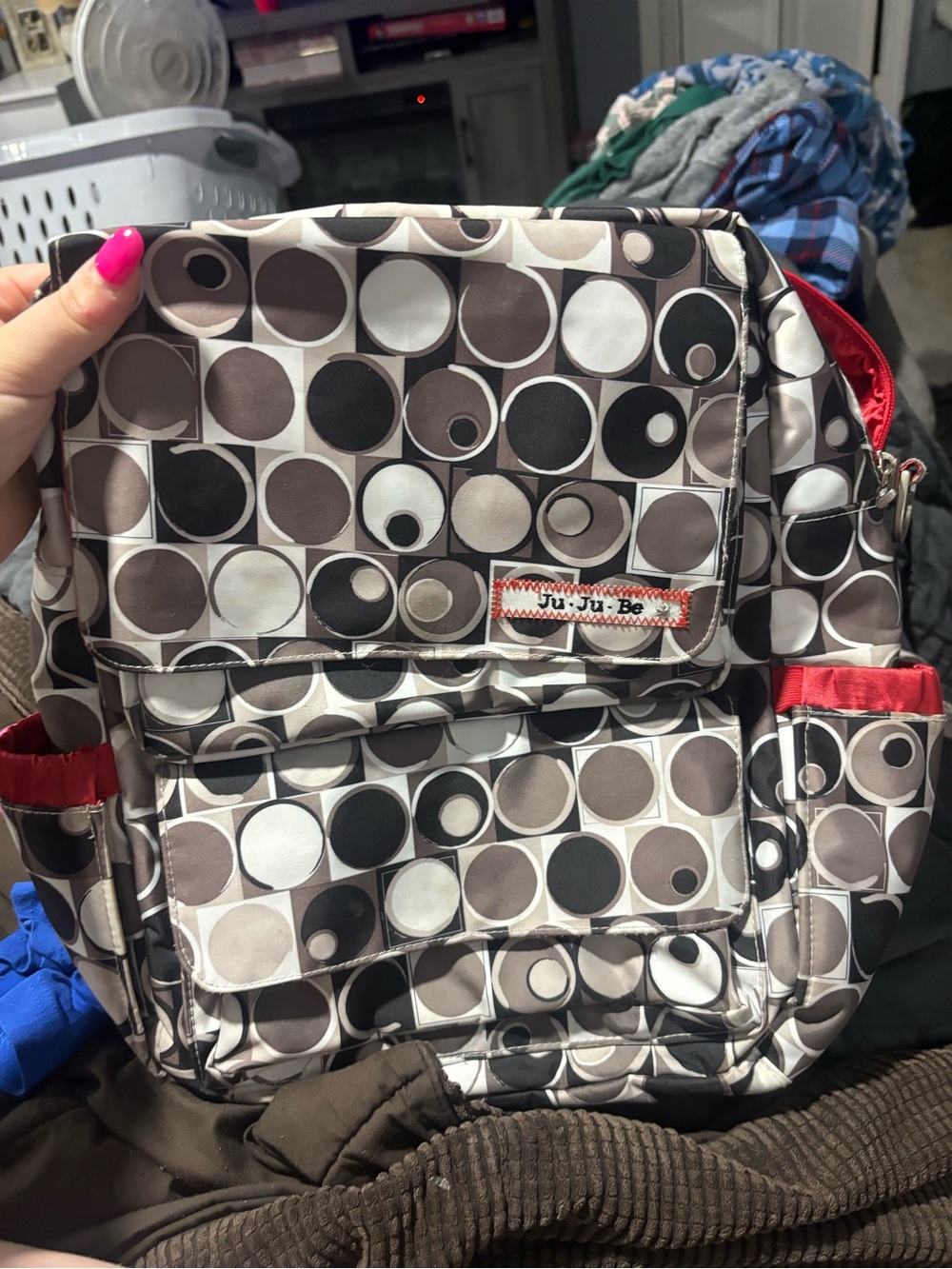 Ju-Ju-Be Women's Gray Circle Print diaper bag Backpack with Red Accents